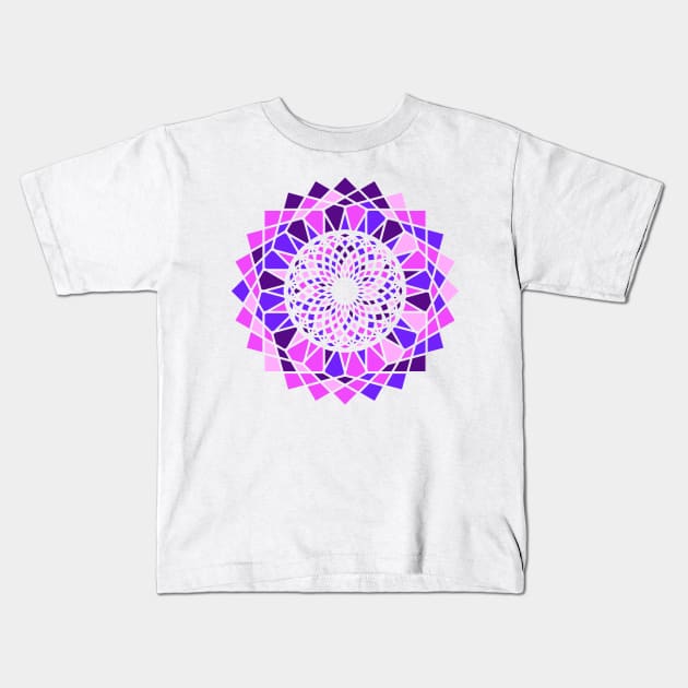 Round ornament with geometric repeated shapes in random bright neon colors Kids T-Shirt by acidmit